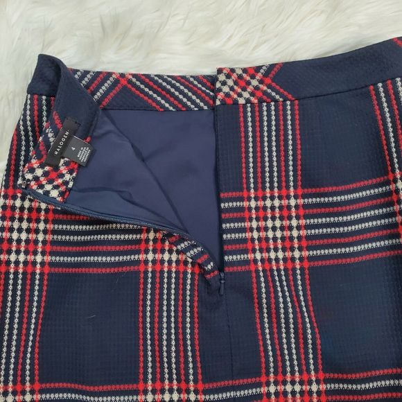 Halogen Plaid Faux Wrap Skirt Tweed A-Line Academia Navy Red Creme Skirt Size 4 - Picture 9 of 9